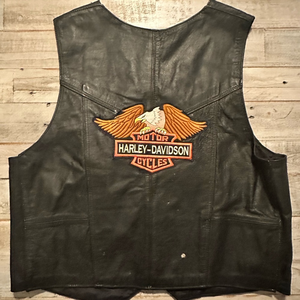 Harley-Davidson Black Leather Vest with Orange Logo